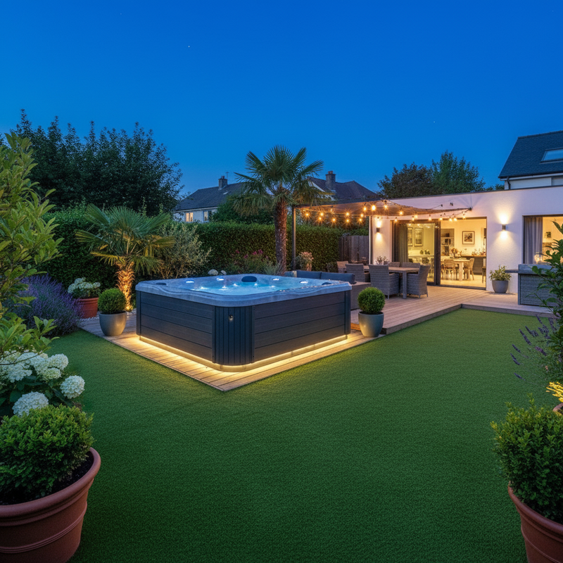 Artificial grass installed around hot tub in modern UK garden