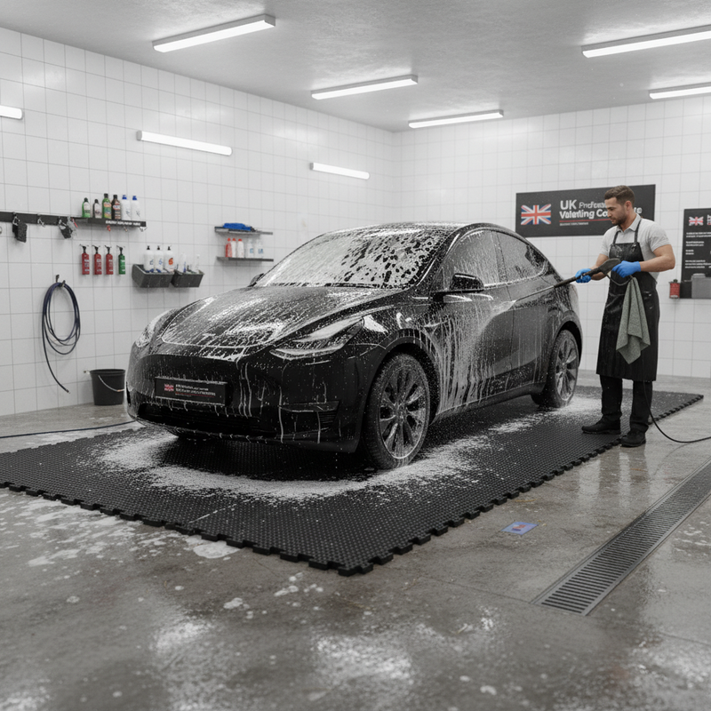 Wash bay rubber matting at UK car valeting centre - professional car wash drainage floor