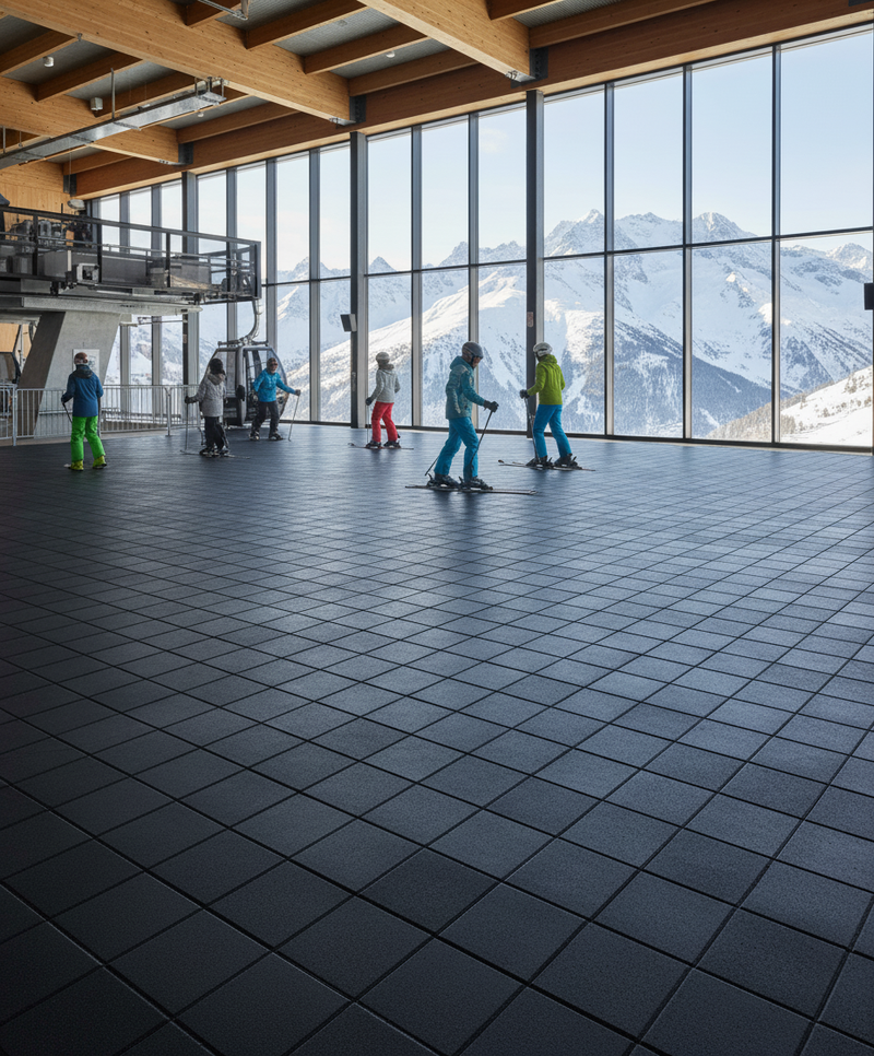 Cable car station platform rubber tiles Scottish ski resort
