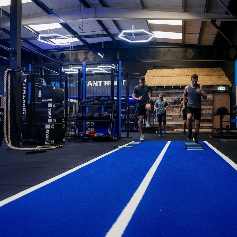 Functional training gym agility track with athletes doing quick feet drills
