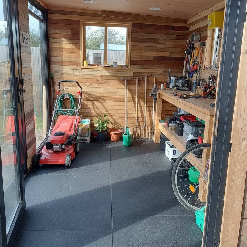 Shed Rubber Mats installed in British garden shed with tools and lawnmower
