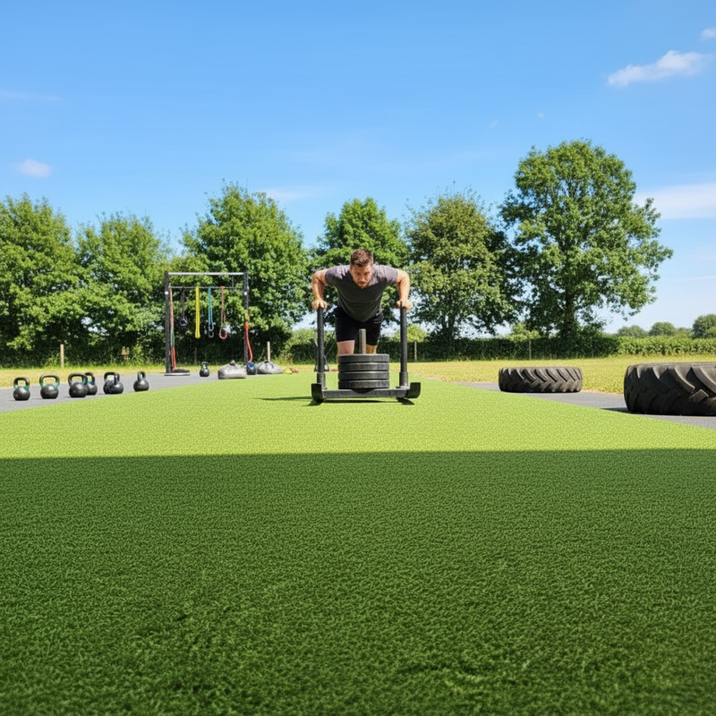 Outdoor sled track with athlete pushing prowler in functional fitness area