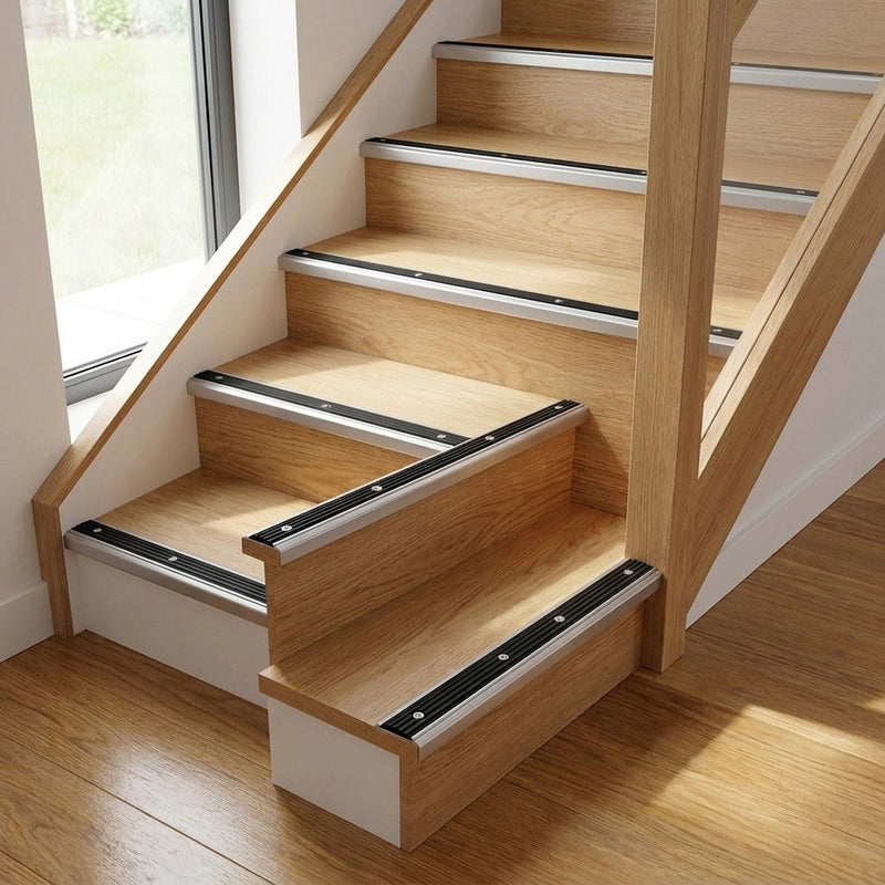 Silver aluminium stair nosing anti-slip rubber insert UK home wooden stairs