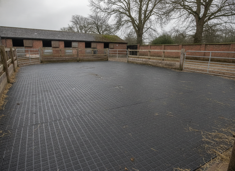 Diamond Top 22mm Rubber Parlour Mat installed in UK collecting yard floor