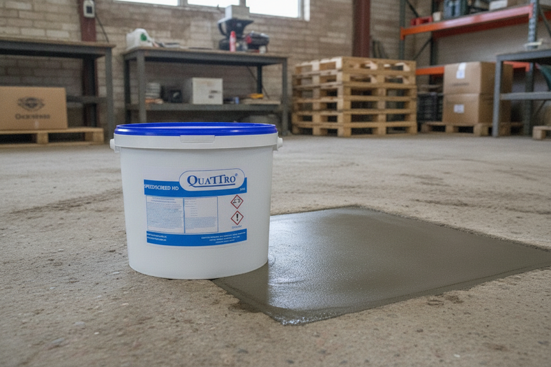 SpeedScreed HD 25kg bag beside freshly repaired concrete floor in UK agricultural setting