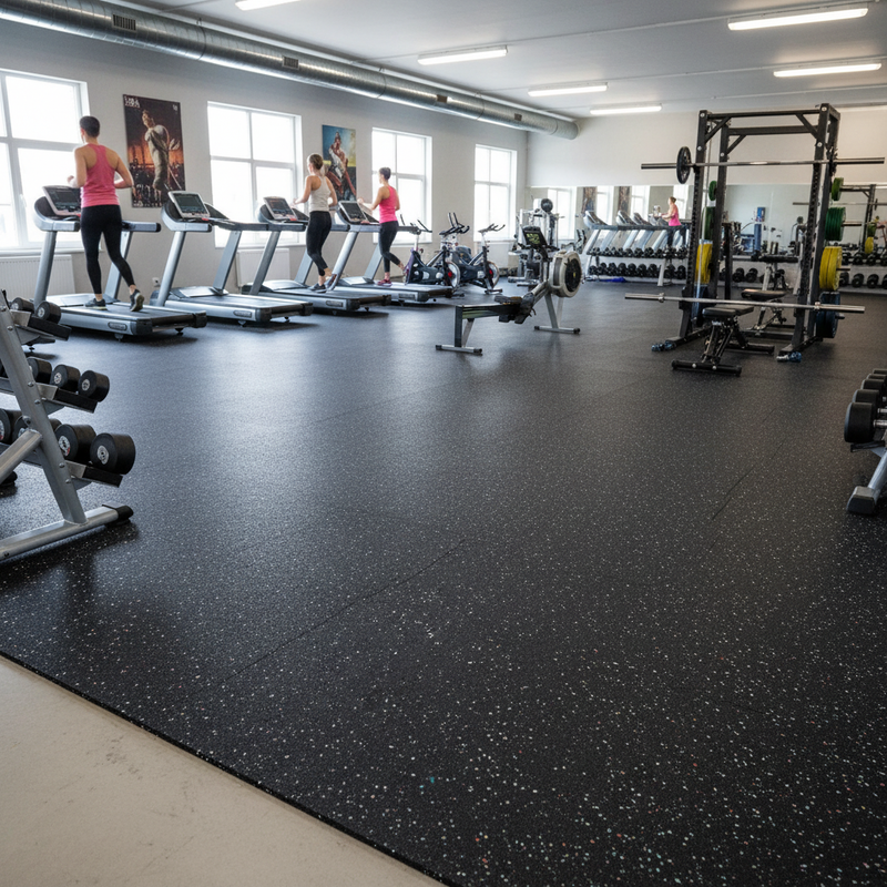 MatPro Fleckz Rubber Roll installed in commercial fitness studio