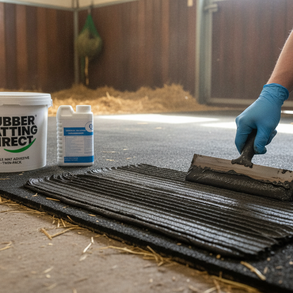 Applying stable mat adhesive with serrated trowel onto rubber stable matting - Rubber Matting Direct