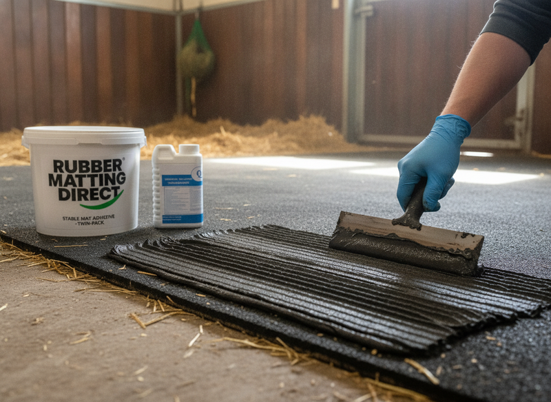 Applying stable mat adhesive with serrated trowel onto rubber stable matting - Rubber Matting Direct