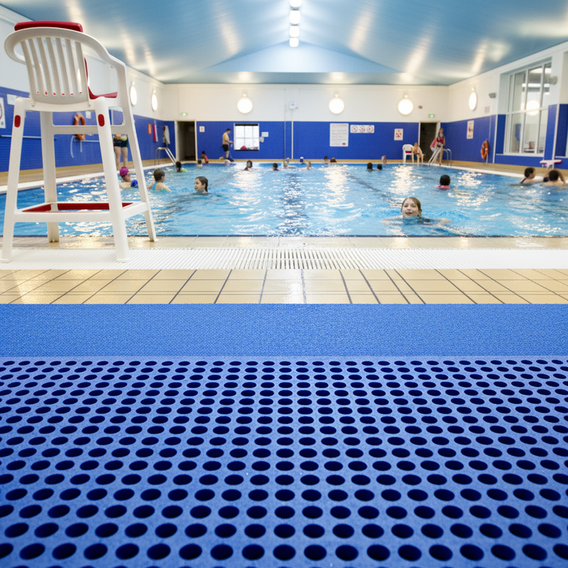 Swimming pool drainage matting at UK leisure centre - anti-slip wet area flooring poolside