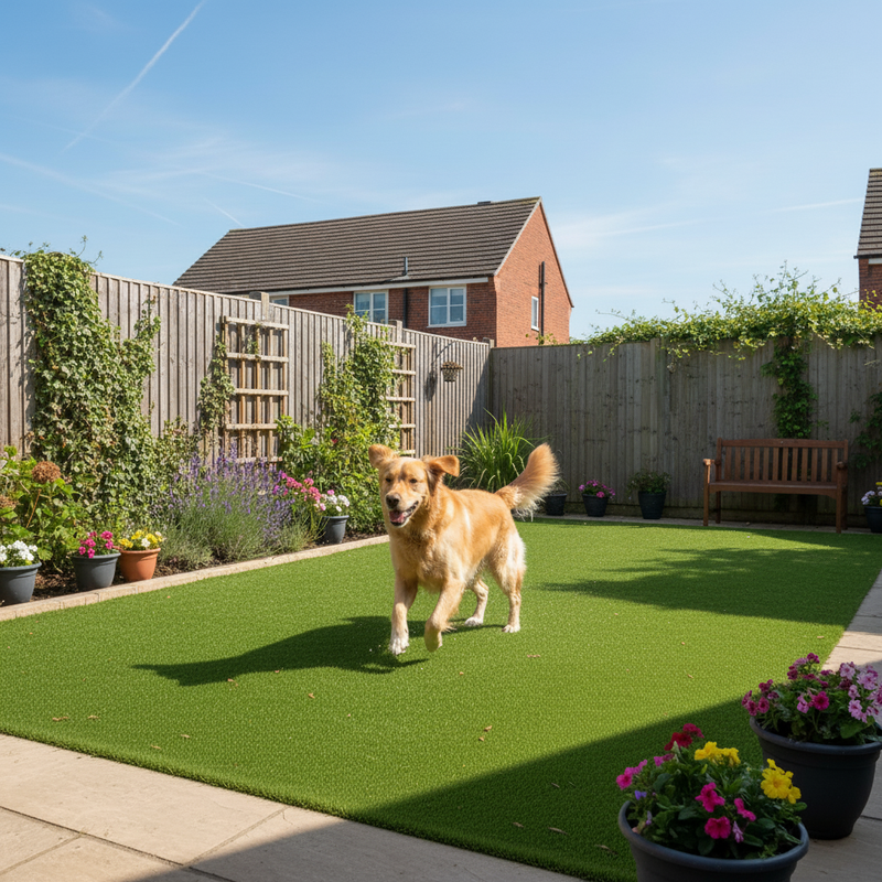 Pet friendly artificial lawn with dog in British garden