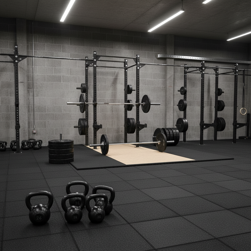 MatPro 43mm Anti-Shock Rubber Tile at UK Olympic lifting platform with barbells