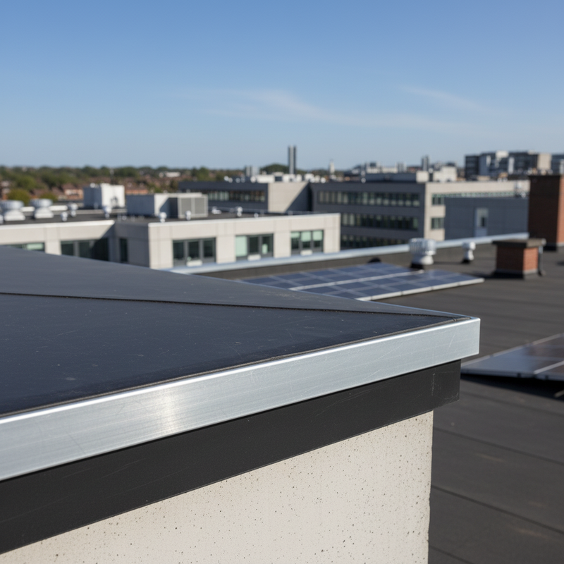 EPDM kerb edge trim installed on flat roof perimeter UK office