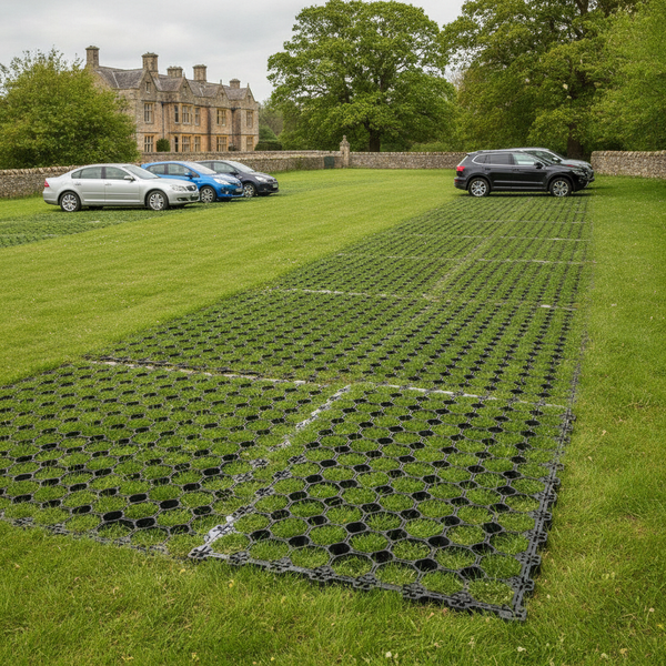 Black ground reinforcement grid used for grass overflow car park at UK estate