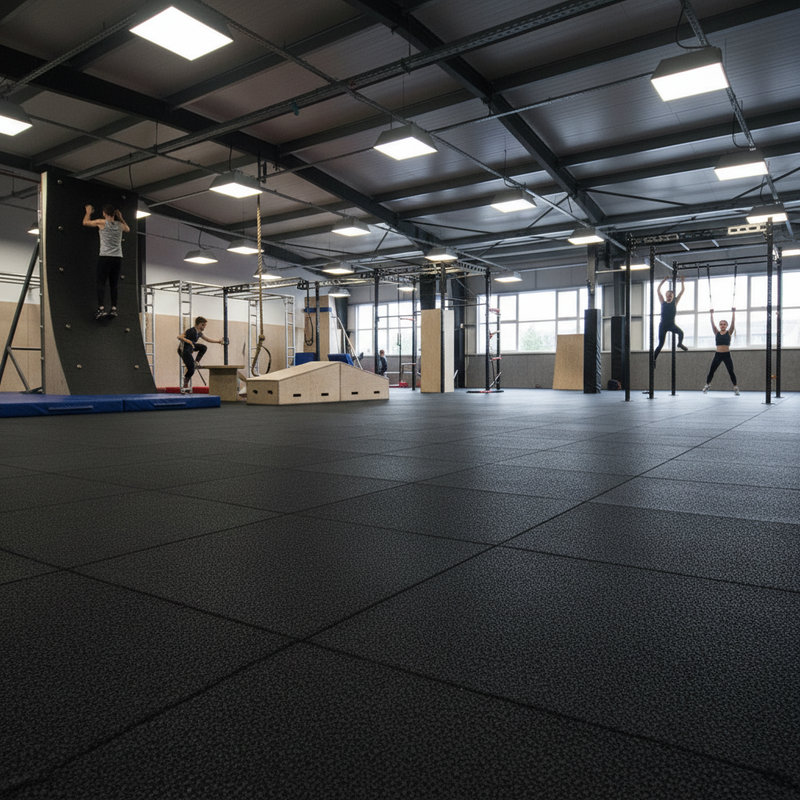 SafeStep Parkour 63mm high-impact rubber tiles in professional UK parkour academy