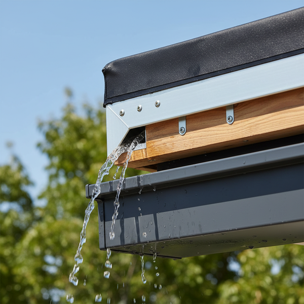 EPDM roof edge with drip trim draining into gutter