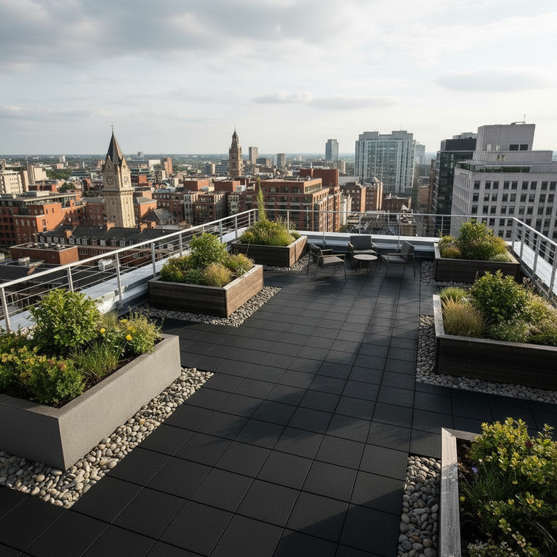 Heavy Duty Rooftop Rubber Tiles 30-63mm on UK office building flat roof