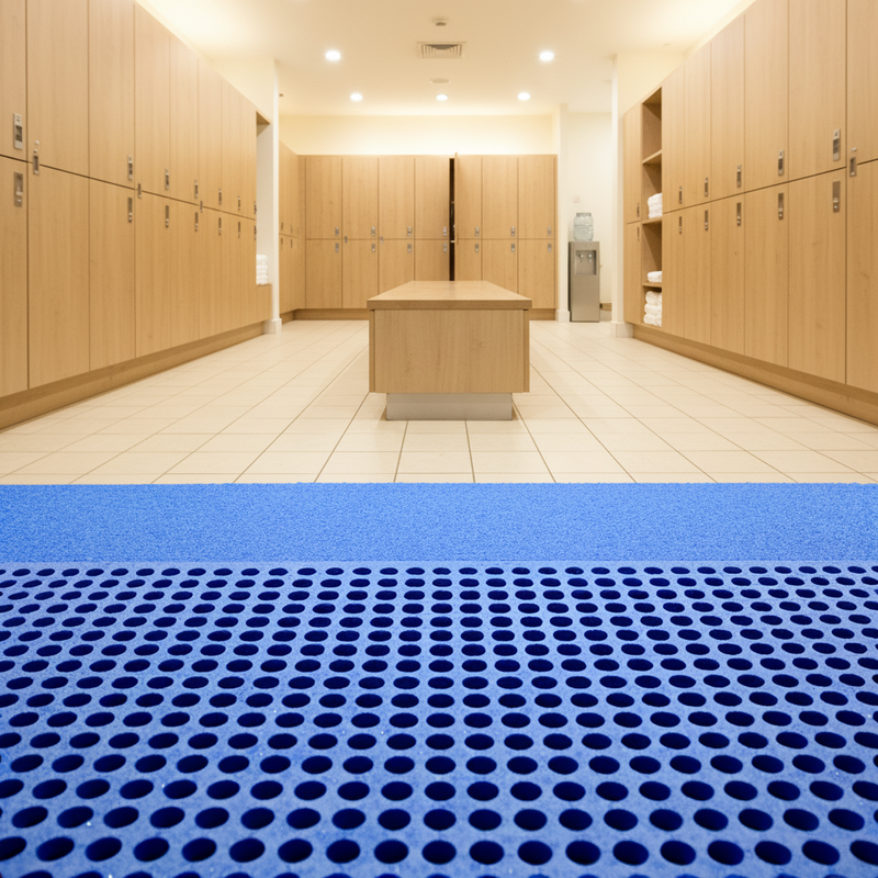 Spa changing room drainage tiles UK - non-slip wet area floor mats wellness centre