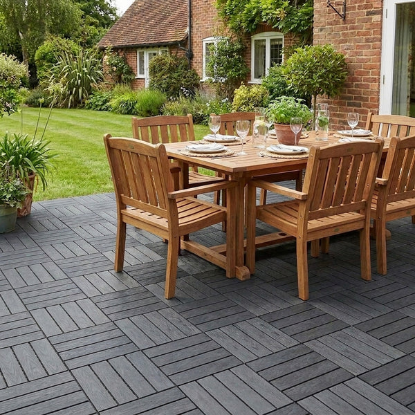 Composite WPC deck tiles on UK garden patio with outdoor dining set