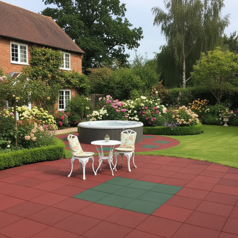 SafeStep rubber paving tiles as poolside decking around hot tub in UK garden