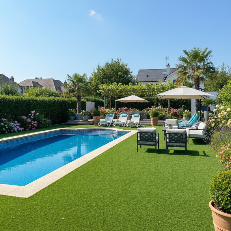 Non-slip artificial grass around luxury UK swimming pool with loungers
