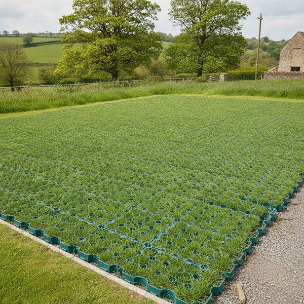 Green X-Grid ground reinforcement panel as grass overflow parking area at UK countryside venue
