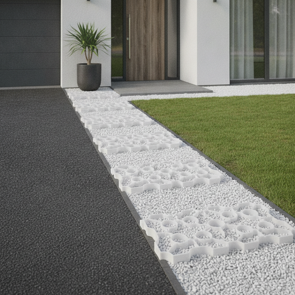 Natural white X-Grid ground reinforcement panel as white gravel garden path at contemporary UK home