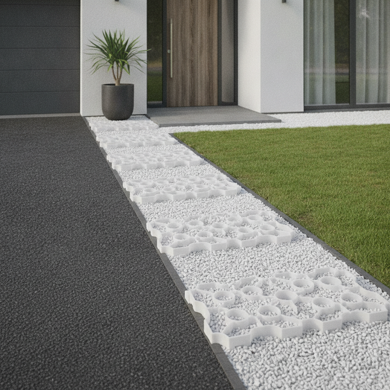 Natural white X-Grid ground reinforcement panel as white gravel garden path at contemporary UK home
