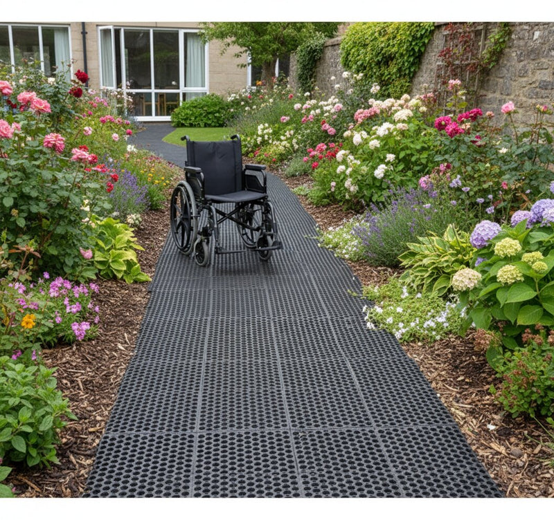 Rubber grass mat creating wheelchair accessible pathway