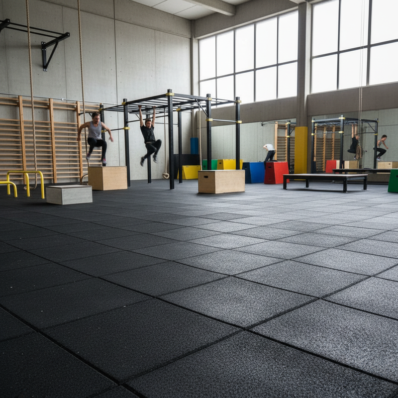 SafeStep Parkour 43mm high-impact rubber flooring tiles in British indoor parkour gym facility