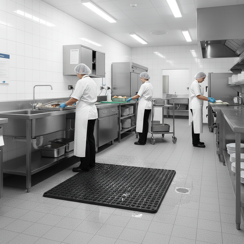 Wet area mat in NHS hospital kitchen UK - hygienic anti-fatigue floor covering catering