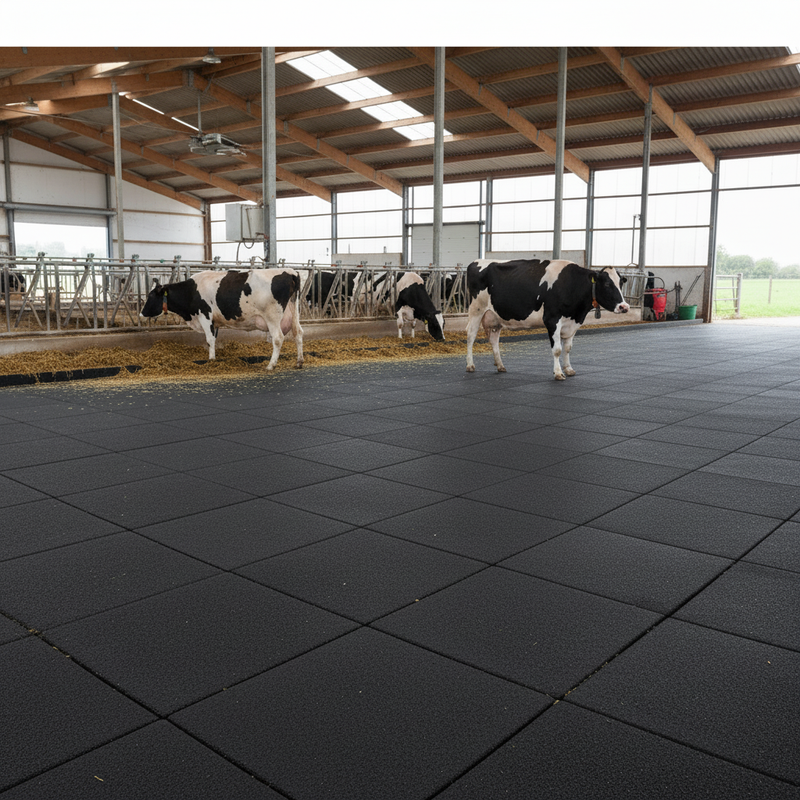 Cattle Flooring Tiles in UK livestock housing with feeding troughs