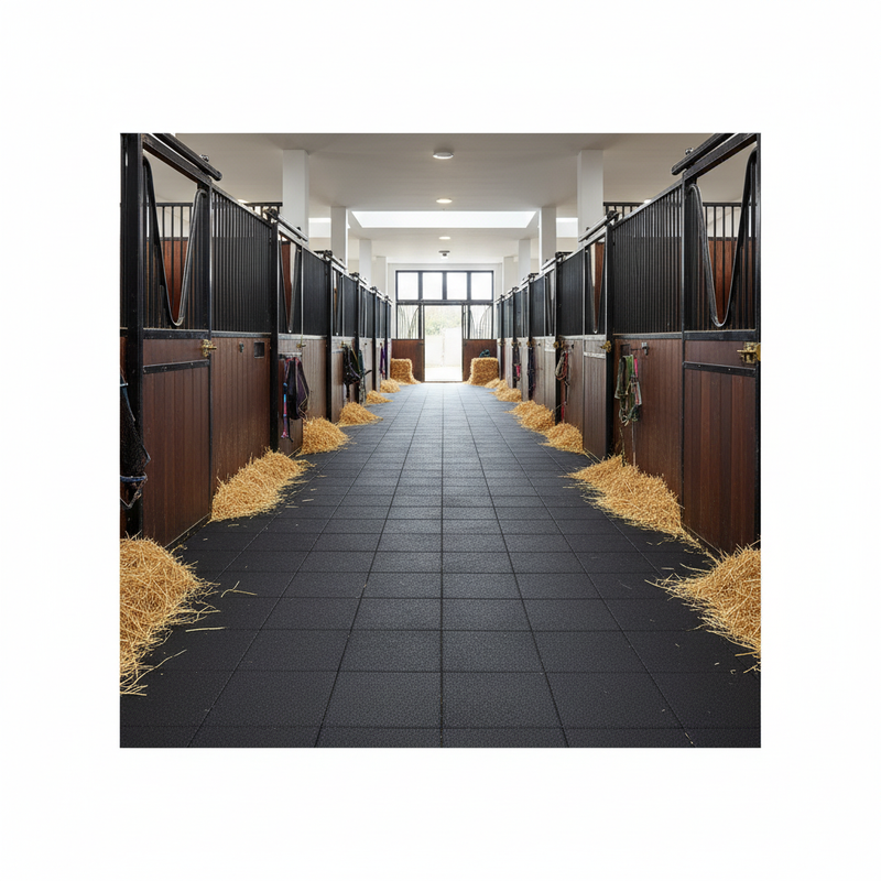 Interlocking Horse Stall Tiles in UK equestrian centre aisle