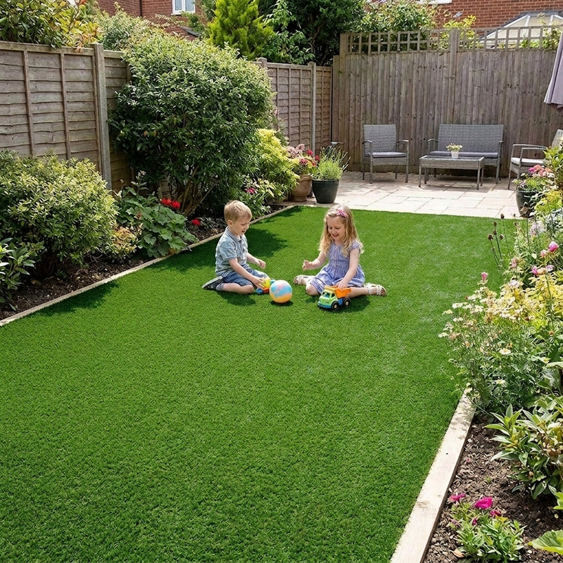 Artificial grass 30mm dark green UK back garden children playing