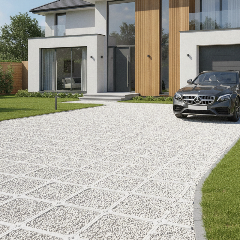 Natural white permeable ground reinforcement grid installed as premium white gravel driveway at modern UK property