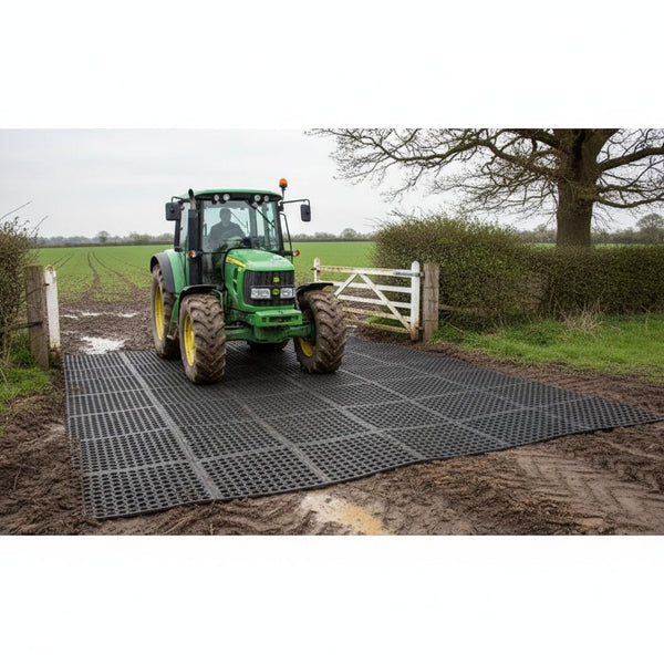 Rubber grass mat at farm gateway providing tractor-rated ground protection