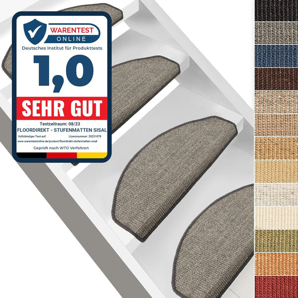 Sisal Stair Mats, Grey, Inside, Semicircular, Stair Mats for Wooden Stairs, Non-Slip Stair Carpet, Self-Adhesive and Allergy Friendly (Dimensions Approx. 64 x 23.5 cm) - Stair Mat for UK homes and businesses