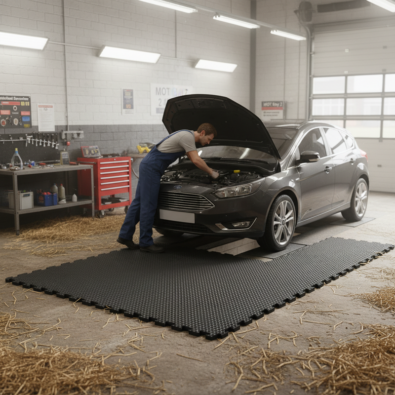 Rubber wash bay mat in British MOT garage - mechanic workshop wet floor protection