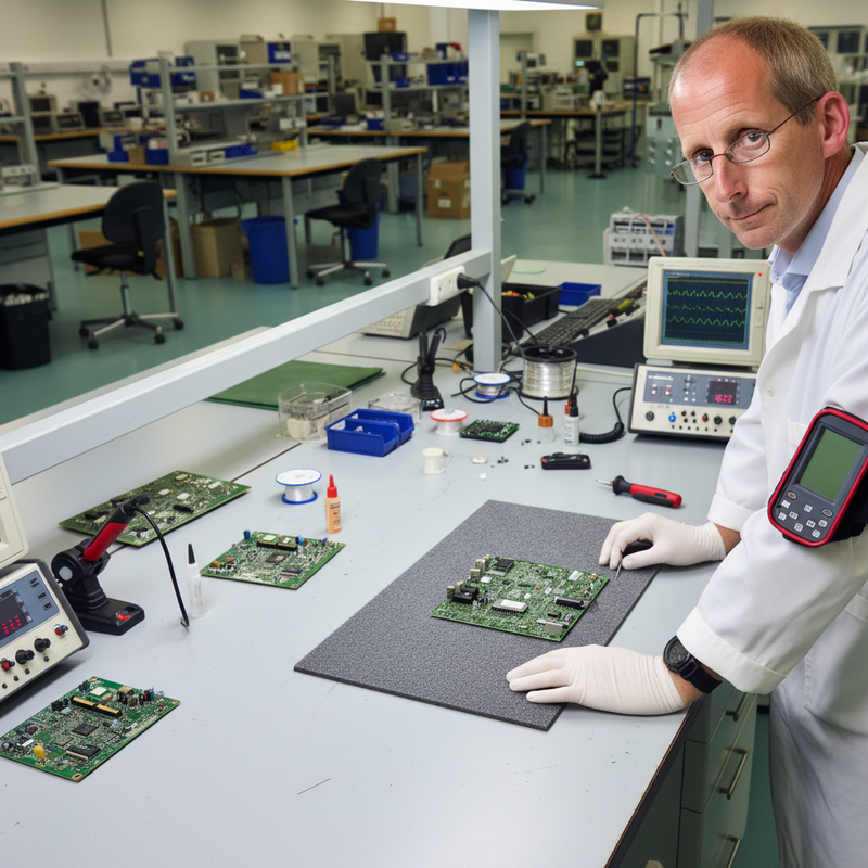 Anti-static ESD workbench mat in British electronics factory - circuit board assembly station UK