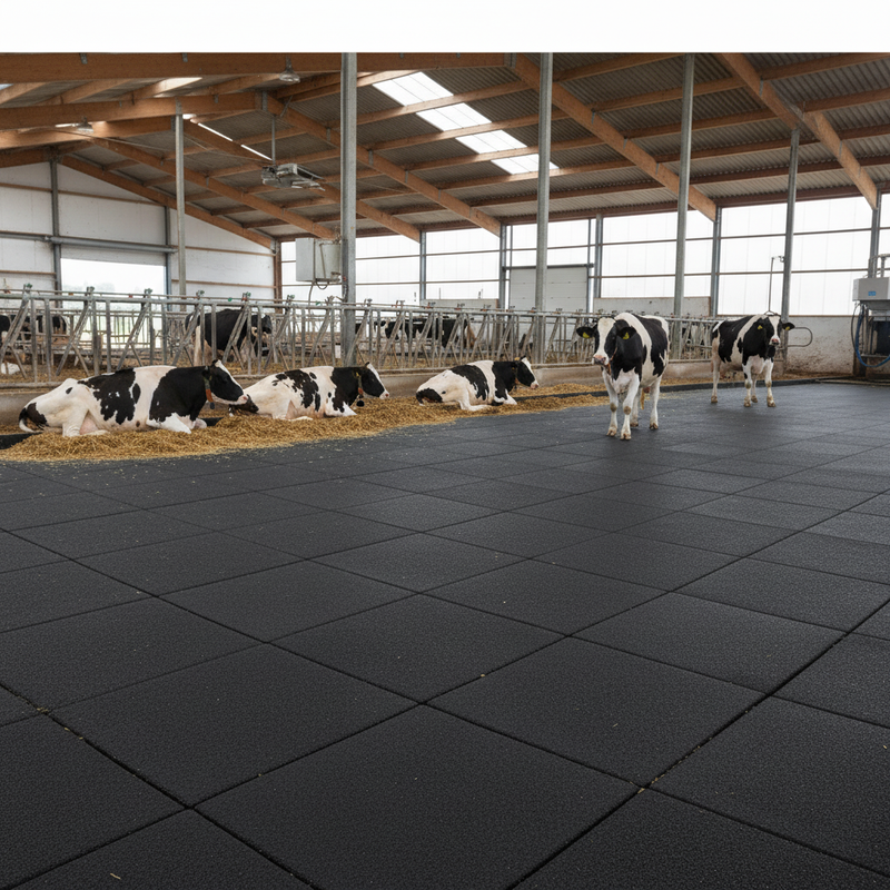 StableFlex Rubber Cow Mattress in dairy farm barn with cattle resting