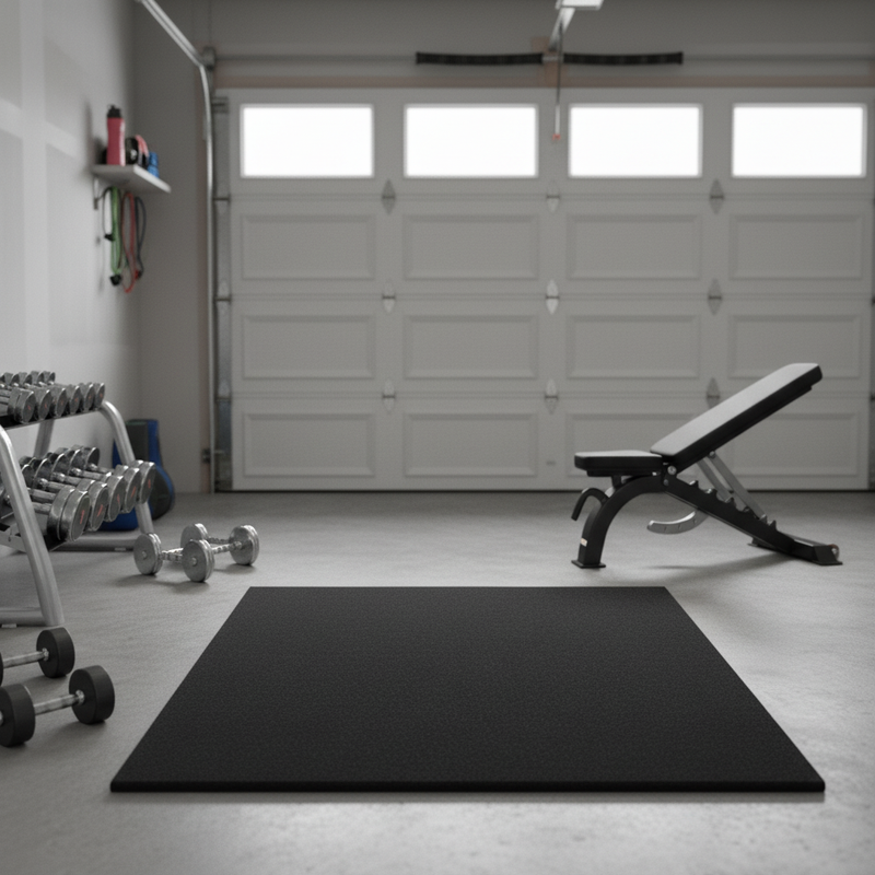 MatPro 11mm Heavy Duty Gym Mats in home garage gym with dumbbells and weight bench