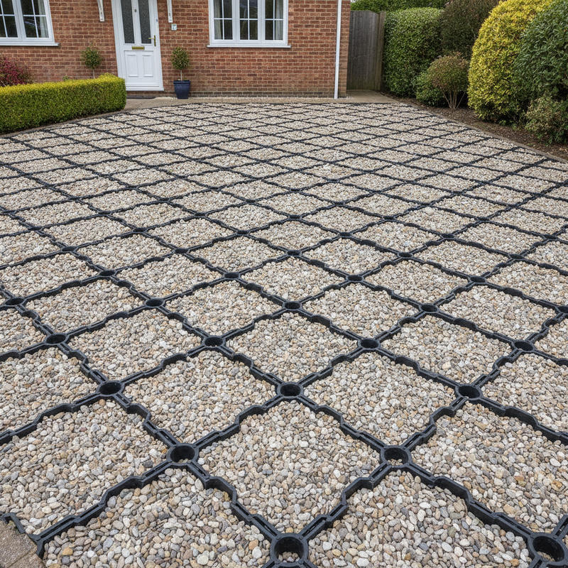 Black permeable ground reinforcement grid installed as a pale gravel driveway at UK residential property