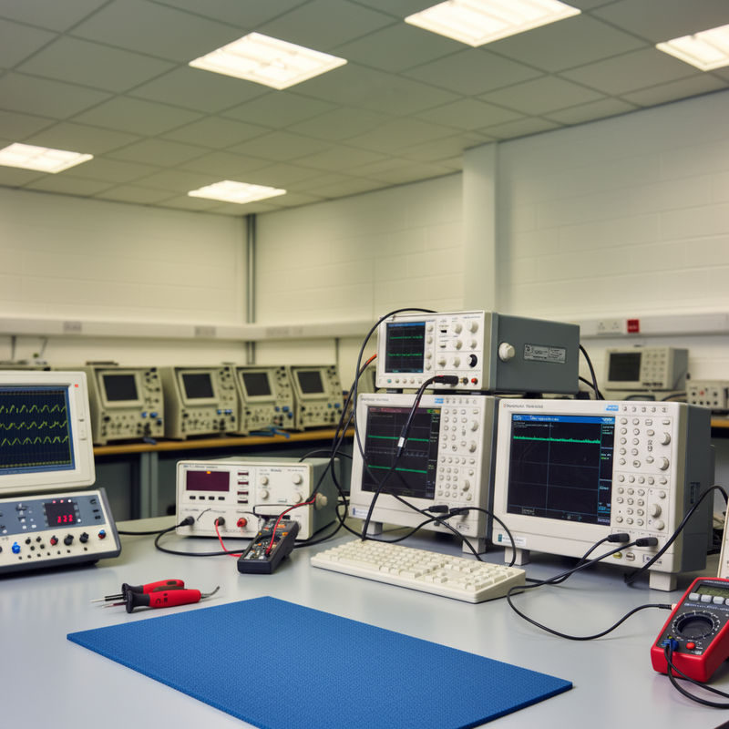 Anti-static mat in UK university electronics laboratory - testing equipment workbench