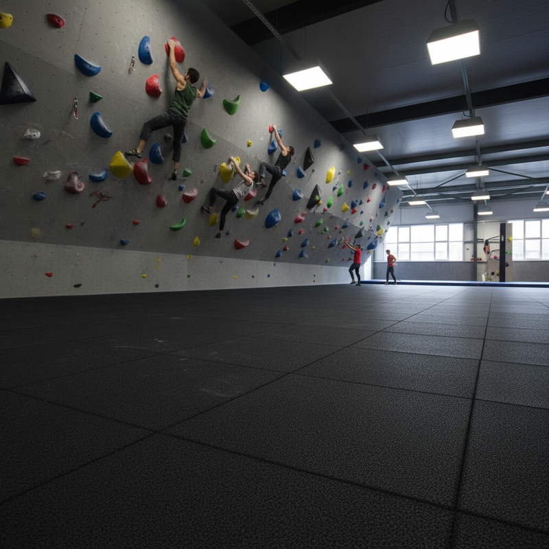 SafeStep Parkour 63mm safety flooring under bouldering wall in UK climbing centre