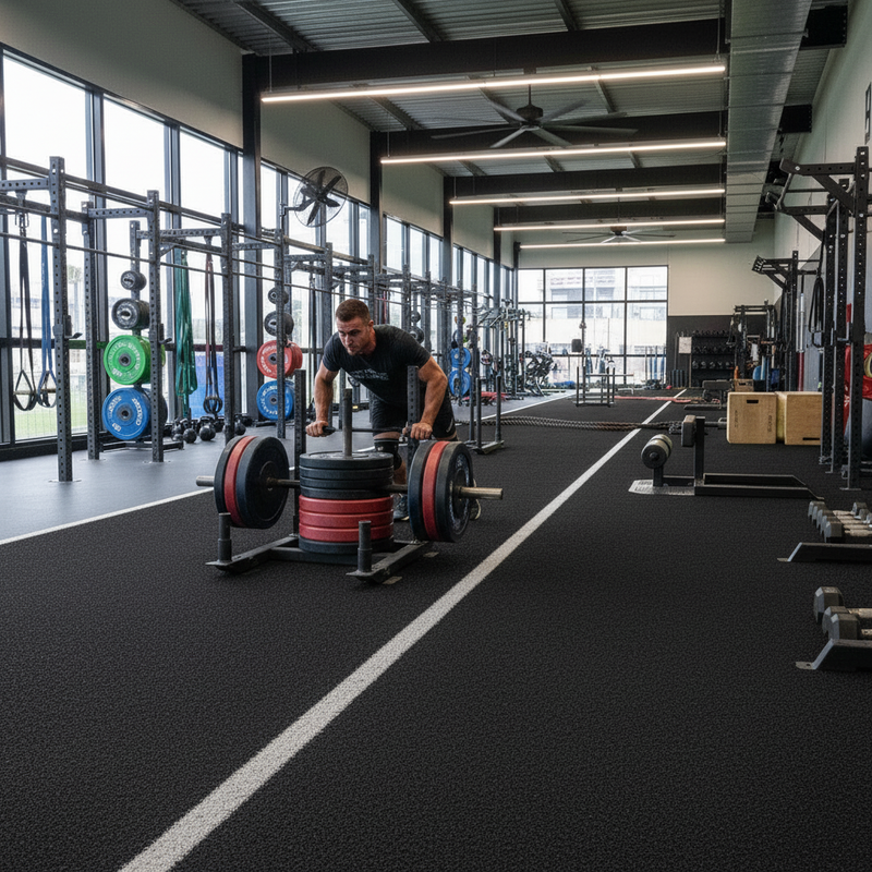 Athlete doing sled push on gym turf track in CrossFit facility