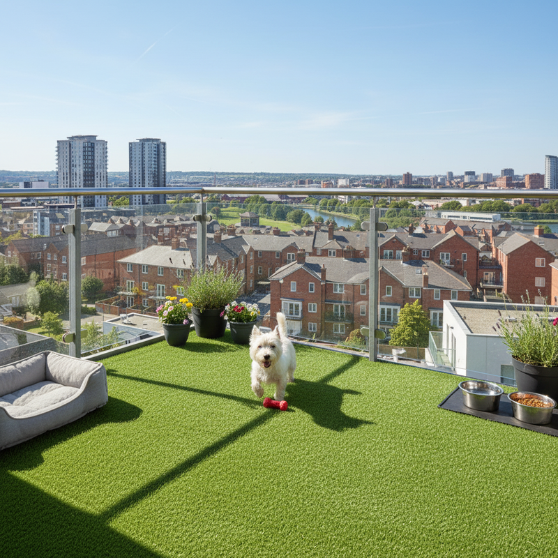 Artificial grass dog area on UK apartment balcony