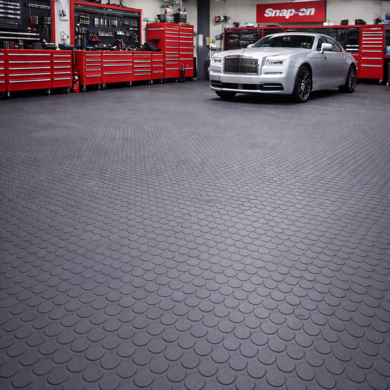 Heavy Duty Non-Slip Rubber Flooring Rolls Studded Dot Penny Pattern R11 Slip Rating Oil & Water Resistant