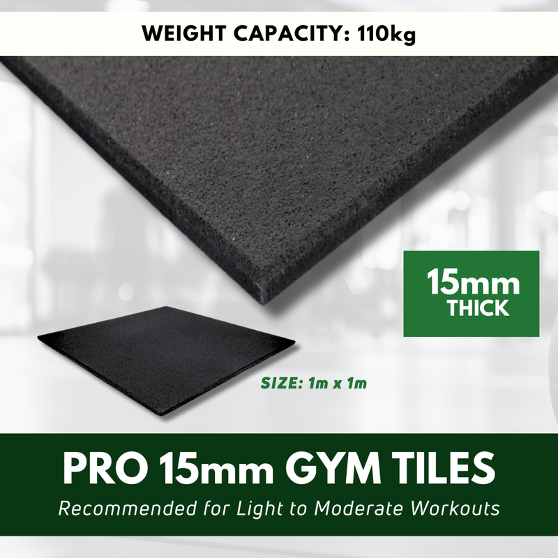 MatPro 15mm rubber gym flooring tile - light impact 1m² black rubber tile