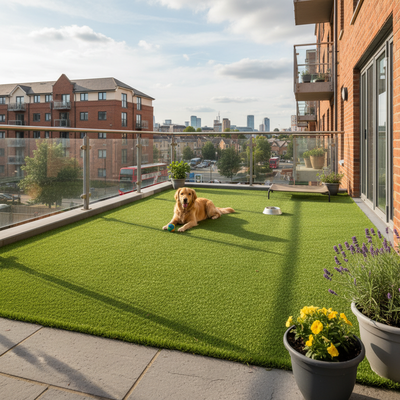 Artificial grass dog area on UK apartment balcony