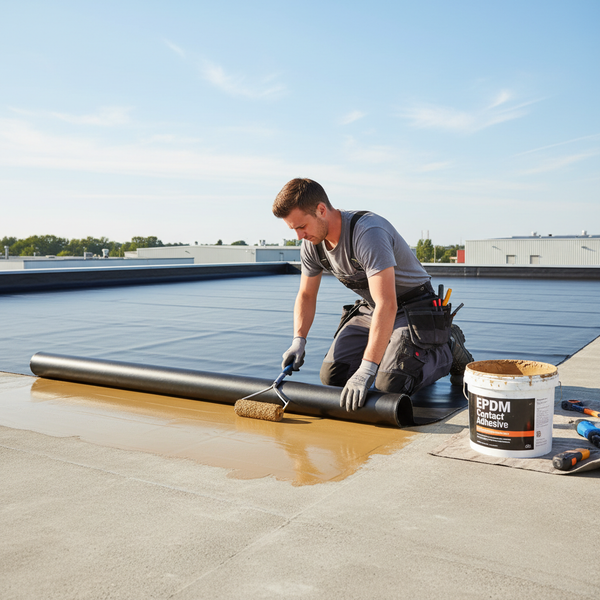 Professional roofer installing EPDM membrane with water-based adhesive