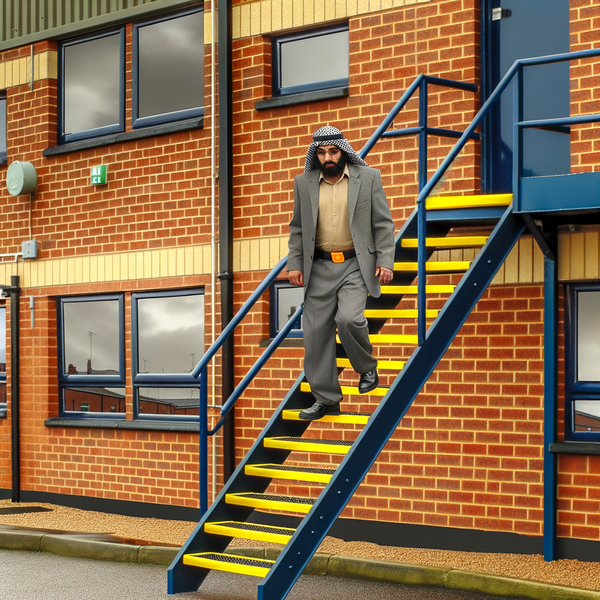 UK factory fire escape stairs with yellow GRP nosing